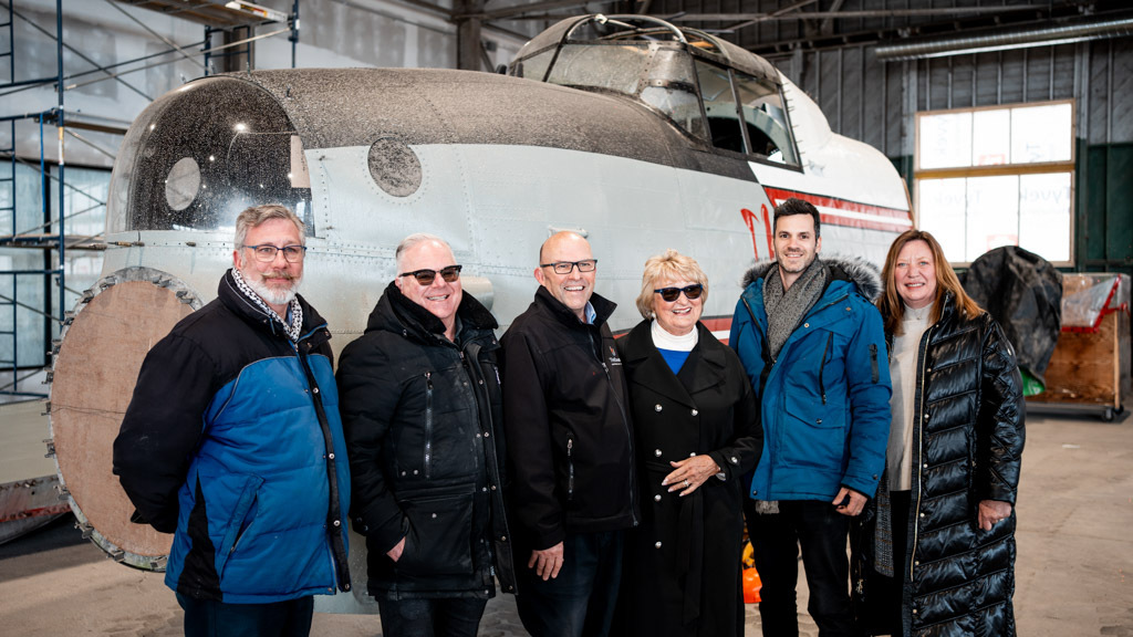 From left: Kevin Windsor (Executive Director, National Air Force Museum); Tim Jones (CEO, Base31); Steve Ferguson (Mayor, Prince Edward County); Susan Scarborough (Board Chair, National Air Force Museum); Assaf Weisz (Chief Placemaking Officer, Base31) and Jacqui Burley (Museum Consultant, Base31)